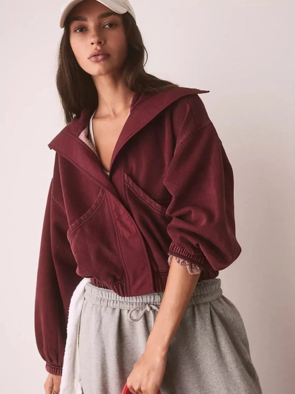 Free People Fp Movement Podium Wrap Jacket Wine Collared Cropped Pockets L